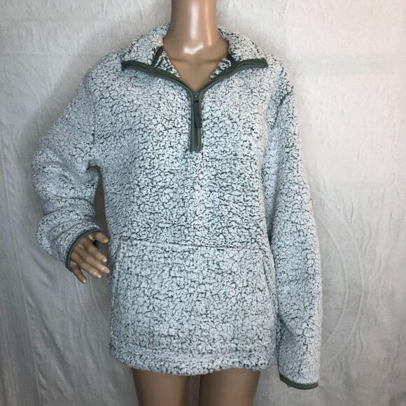 Green Fuzzy Quarter Zip Pullover Jacket - Picture 1 of 7